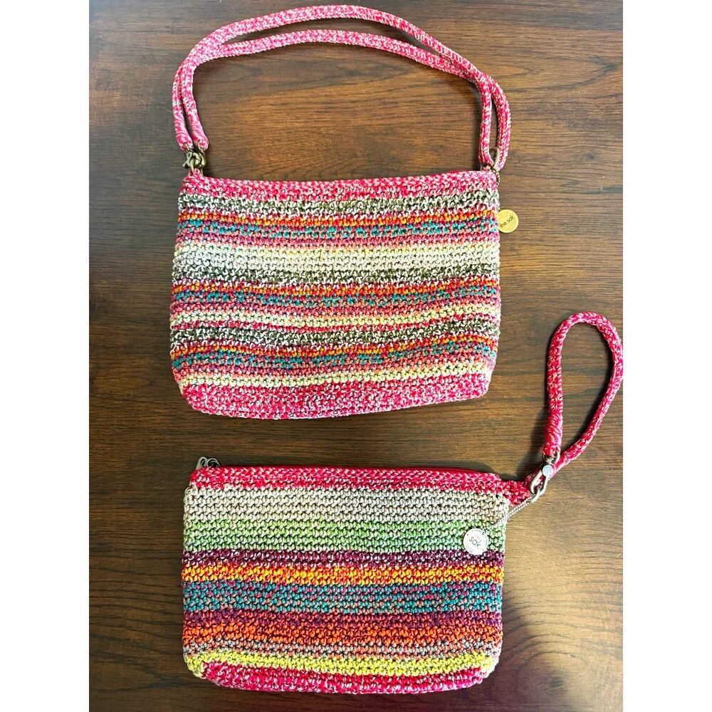 The Sak Striped Multicolor Shoulder Bag Zip Lined Inner Pockets Wristlet Pouch